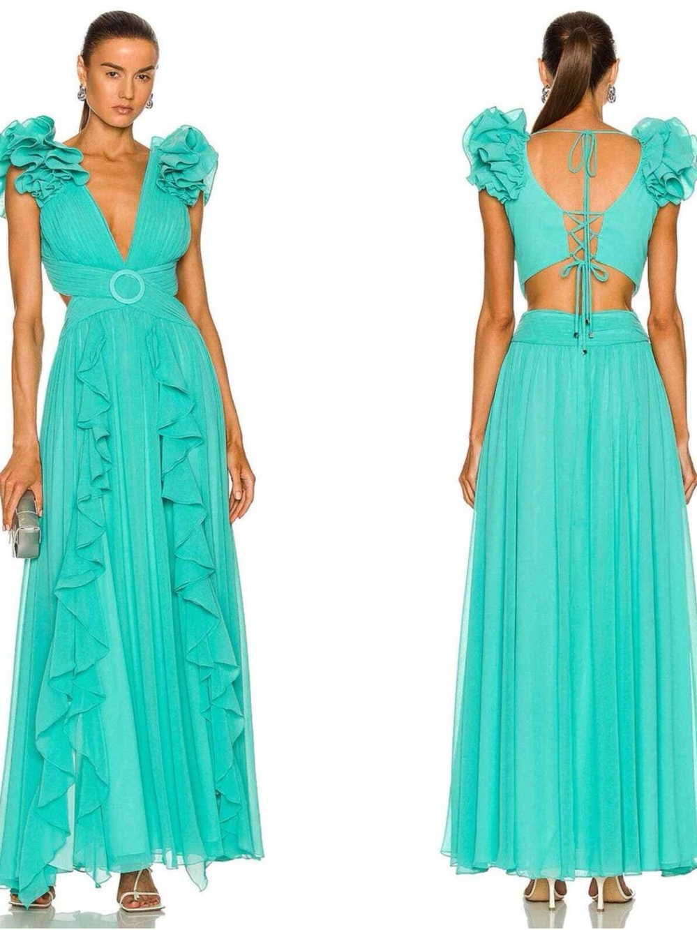 PATBO FLUTTER SLEEVE MAXI DRESS IN CYAN